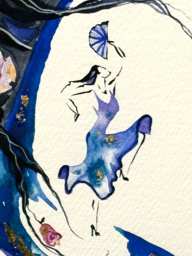 Blue stallion with hidden dancer and with 23K gold leaf, framed to approx 13x16 $250