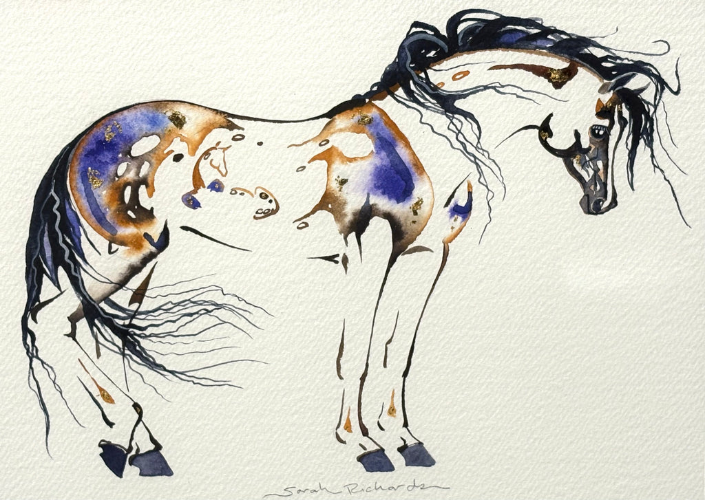 Mare with hidden foal with 23K gold leaf, framed to approx 13x16, $250