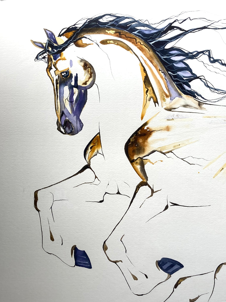 "Horse with sunrise" oversized original watercolor painting with 23K gold leaf.