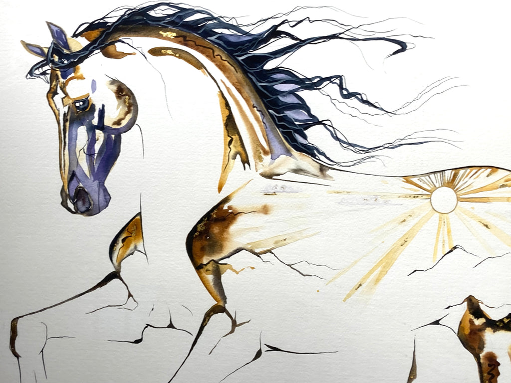 "Horse with sunrise" oversized original watercolor painting with 23K gold leaf.