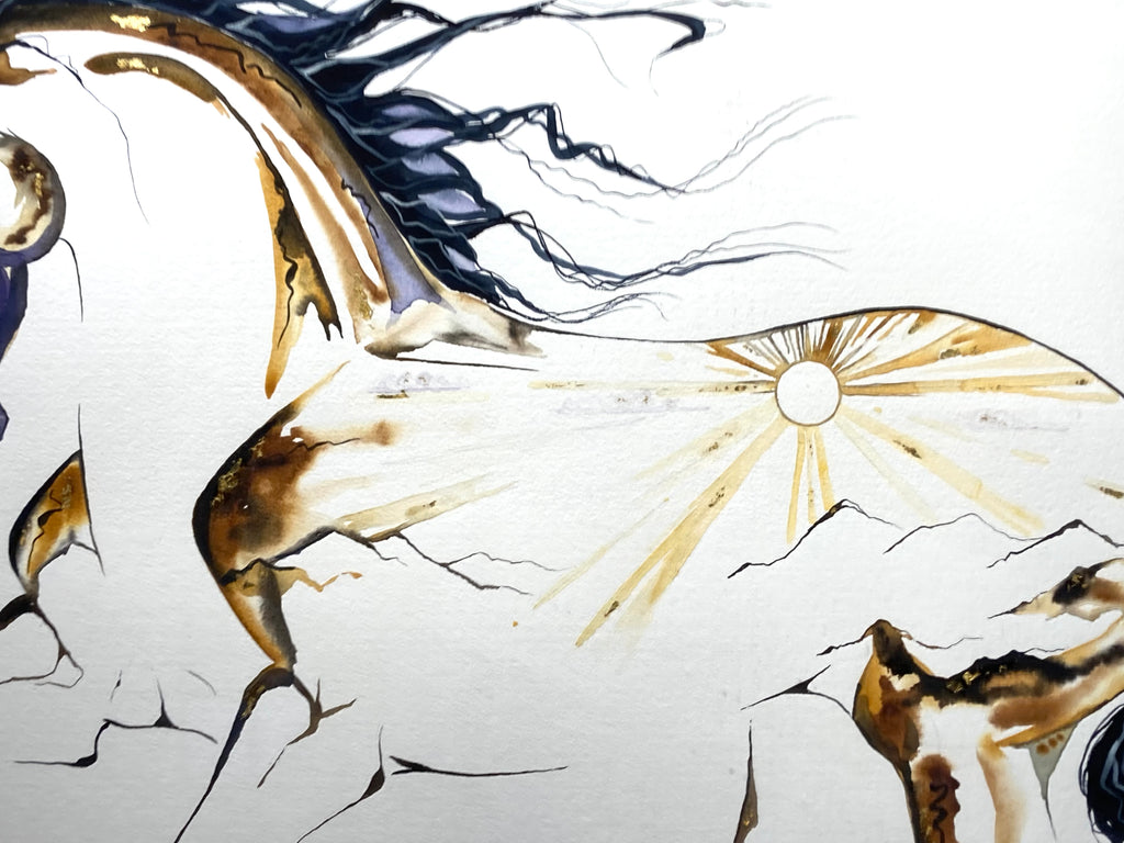 "Horse with sunrise" oversized original watercolor painting with 23K gold leaf.