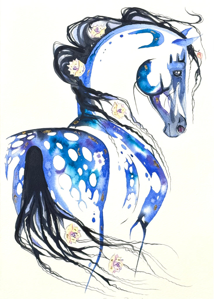 Appaloosa with roses and  23K gold leaf, framed to approx 20x25, $450