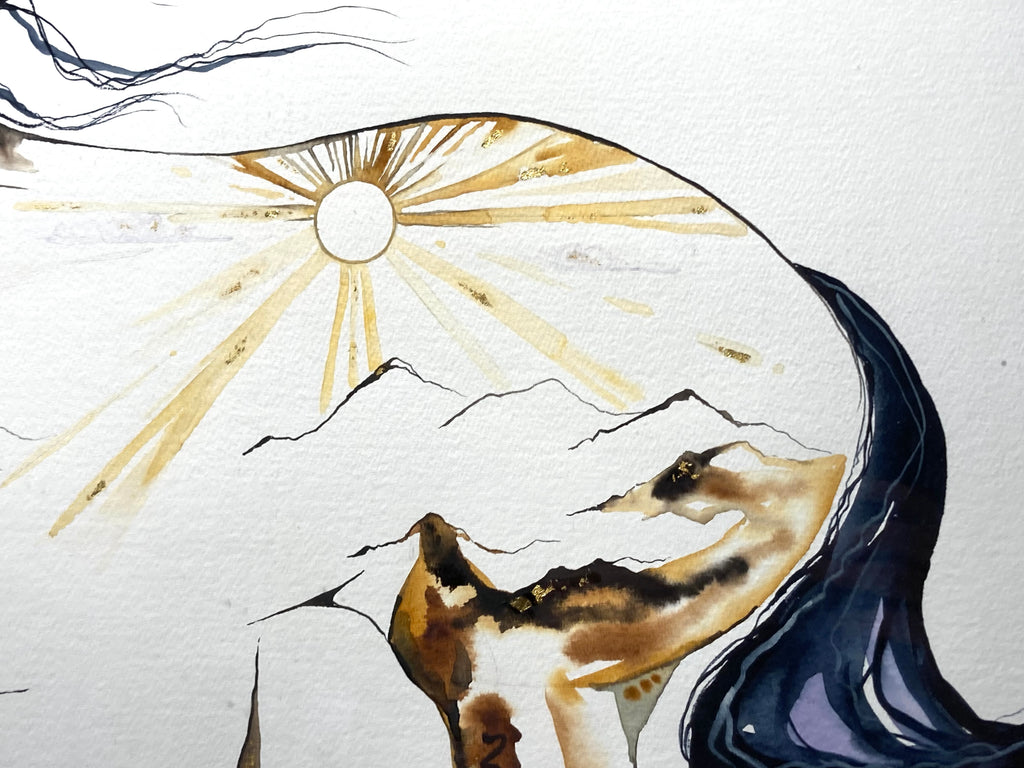 "Horse with sunrise" oversized original watercolor painting with 23K gold leaf.