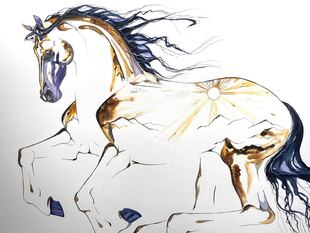 "Horse with sunrise" oversized original watercolor painting with 23K gold leaf.