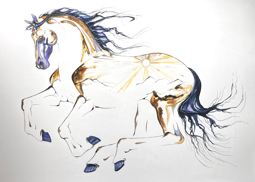 "Horse with sunrise" oversized original watercolor painting with 23K gold leaf.