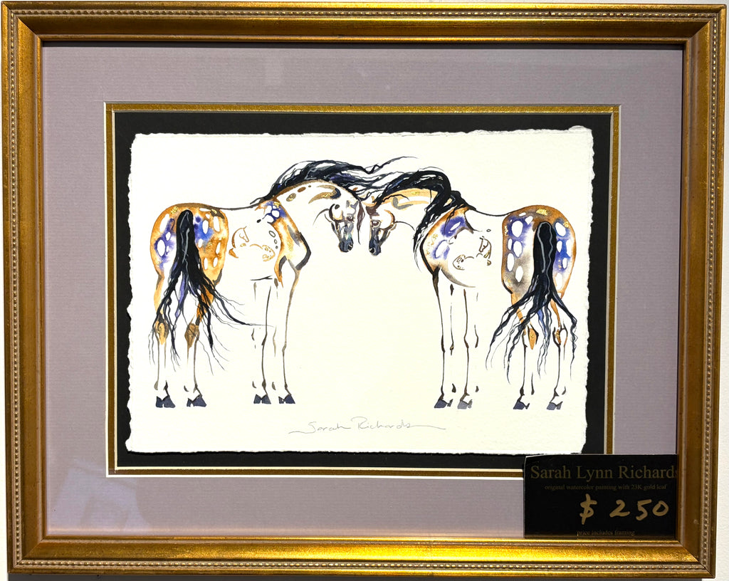 Two mares with Hidden Foals with 23K gold leaf, framed to approx 13x16, $250