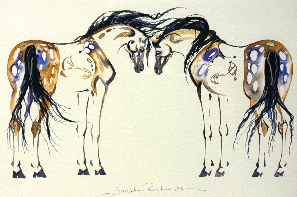 Two mares with Hidden Foals with 23K gold leaf, framed to approx 13x16, $250