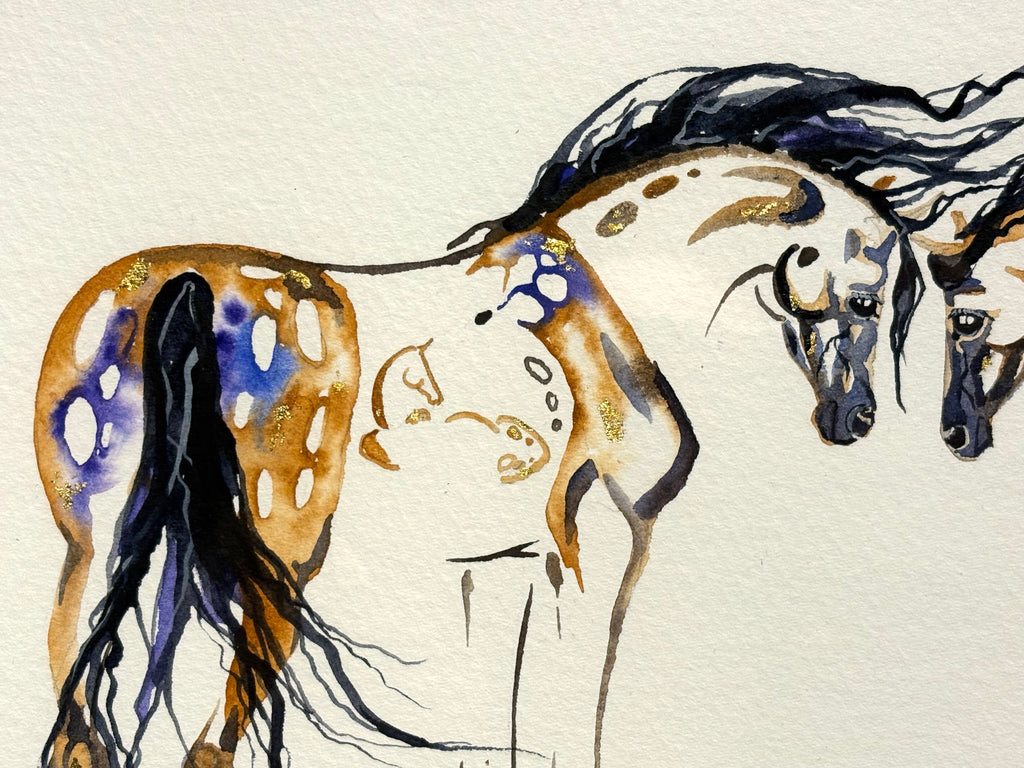 Two mares with Hidden Foals with 23K gold leaf, framed to approx 13x16, $250