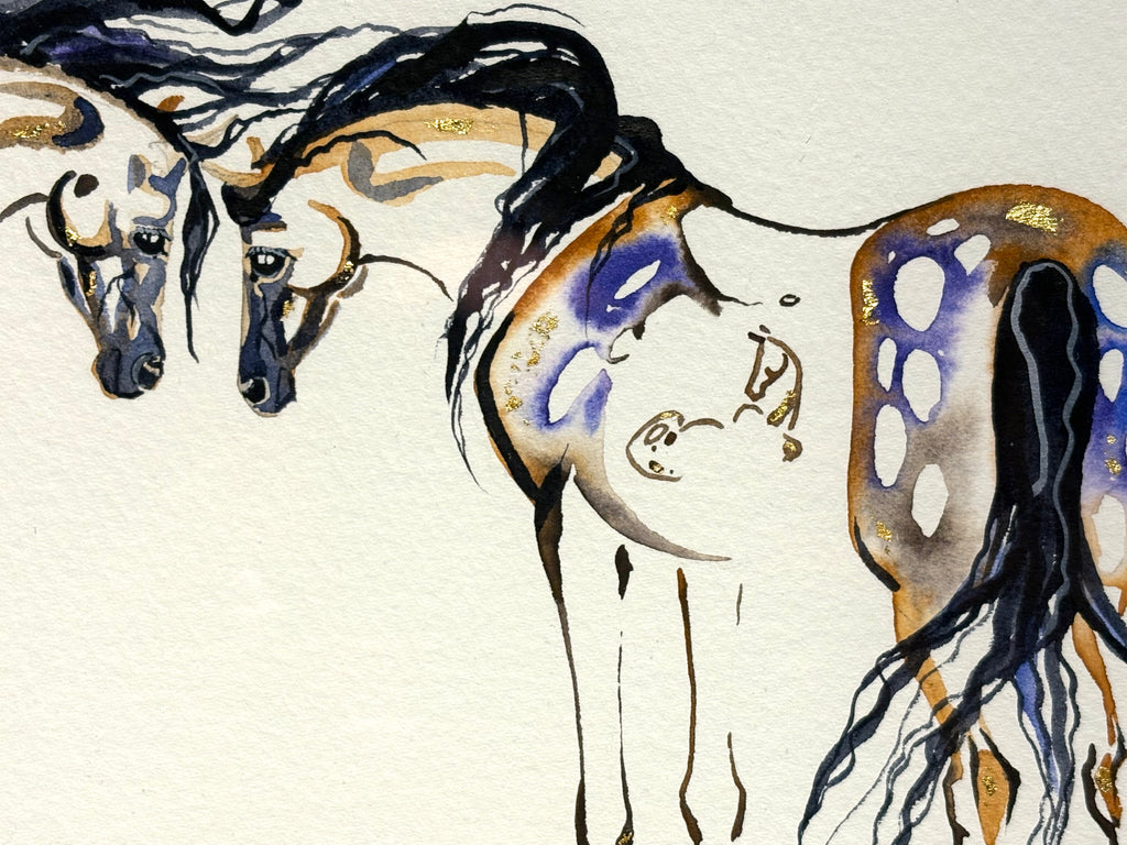 Two mares with Hidden Foals with 23K gold leaf, framed to approx 13x16, $250