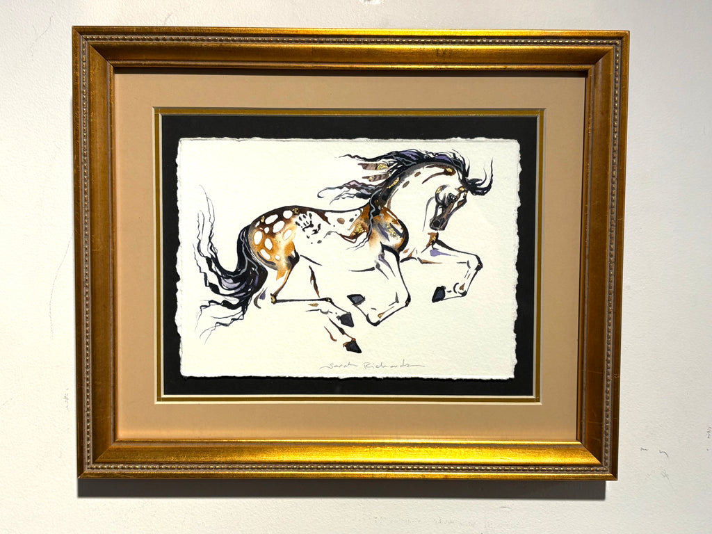 War pony with hand print with 23K gold leaf, framed to approx 9x11, $195