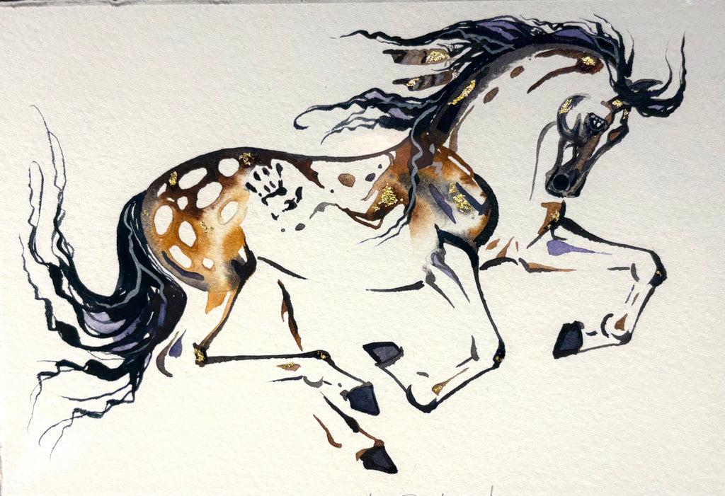 War pony with hand print with 23K gold leaf, framed to approx 9x11, $195