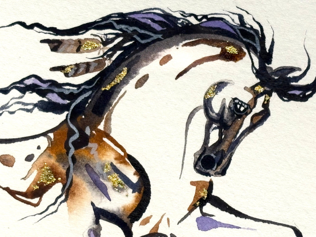 War pony with hand print with 23K gold leaf, framed to approx 9x11, $195