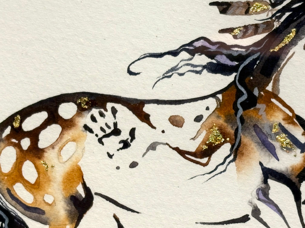 War pony with hand print with 23K gold leaf, framed to approx 9x11, $195