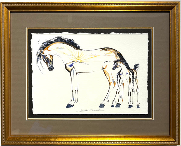 Mare and foal with sunset with 23K gold leaf, framed to approx 13x16 $250