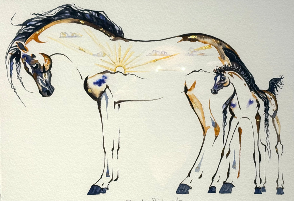 Mare and foal with sunset with 23K gold leaf, framed to approx 13x16 $250