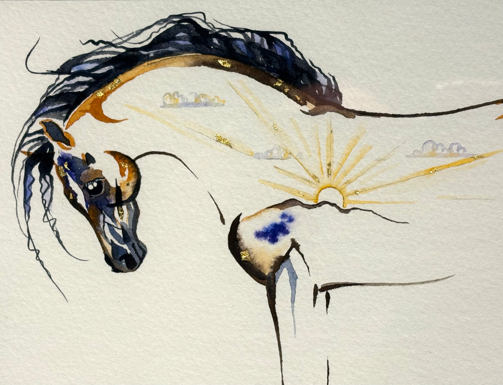 Mare and foal with sunset with 23K gold leaf, framed to approx 13x16 $250