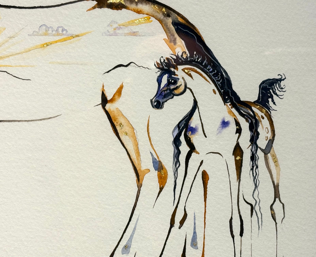 Mare and foal with sunset with 23K gold leaf, framed to approx 13x16 $250