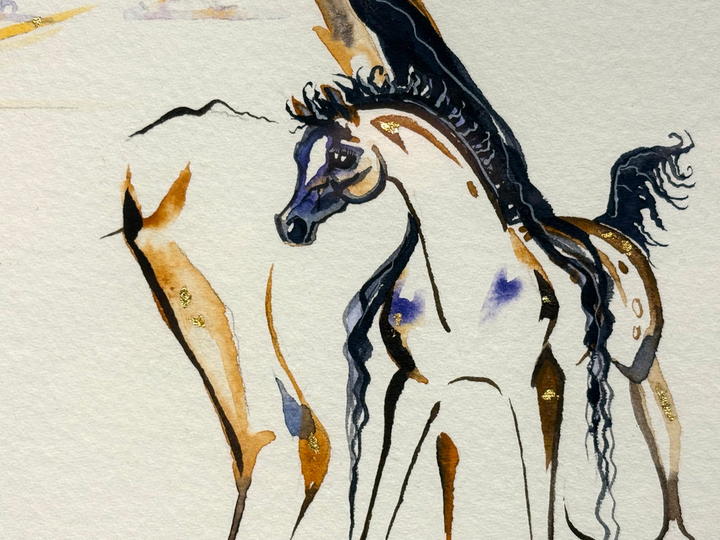 Mare and foal with sunset with 23K gold leaf, framed to approx 13x16 $250