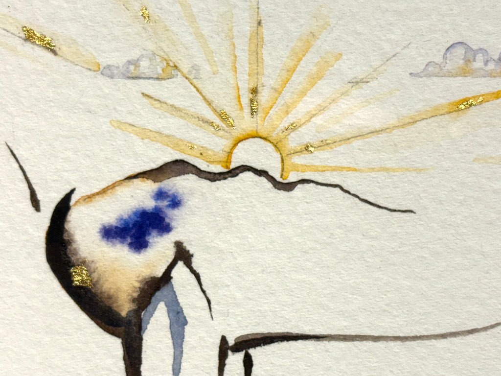 Mare and foal with sunset with 23K gold leaf, framed to approx 13x16 $250