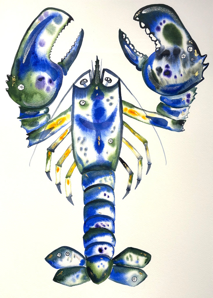 Lobster! with 23K gold leaf and fish-scale iridescent, approx 22x28 inches $450.