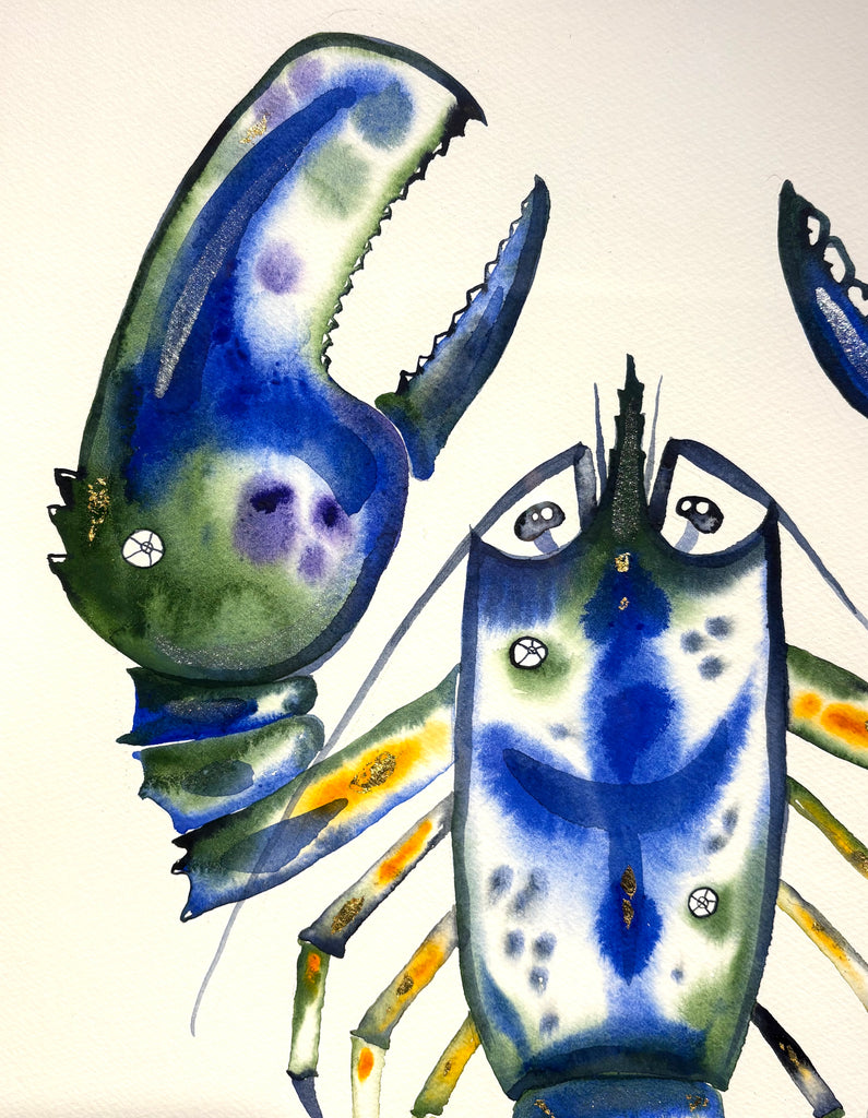 Lobster! with 23K gold leaf and fish-scale iridescent, approx 22x28 inches $450.