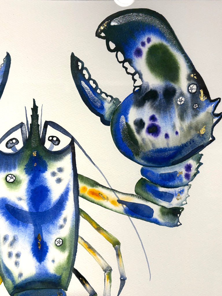 Lobster! with 23K gold leaf and fish-scale iridescent, approx 22x28 inches $450.