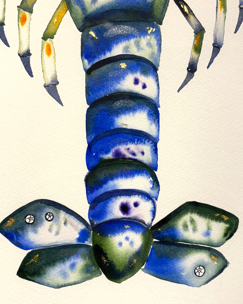 Lobster! with 23K gold leaf and fish-scale iridescent, approx 22x28 inches $450.