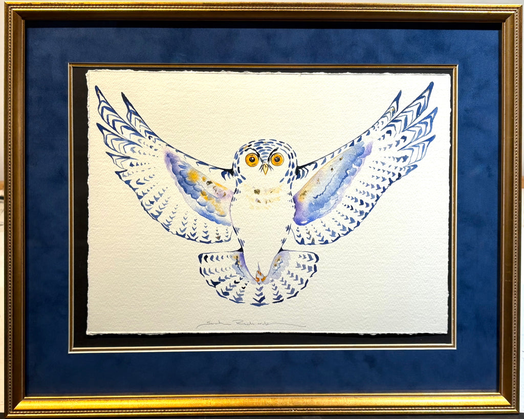 Snowy Owl with 23K gold leaf, framed to approx 17x21, $350