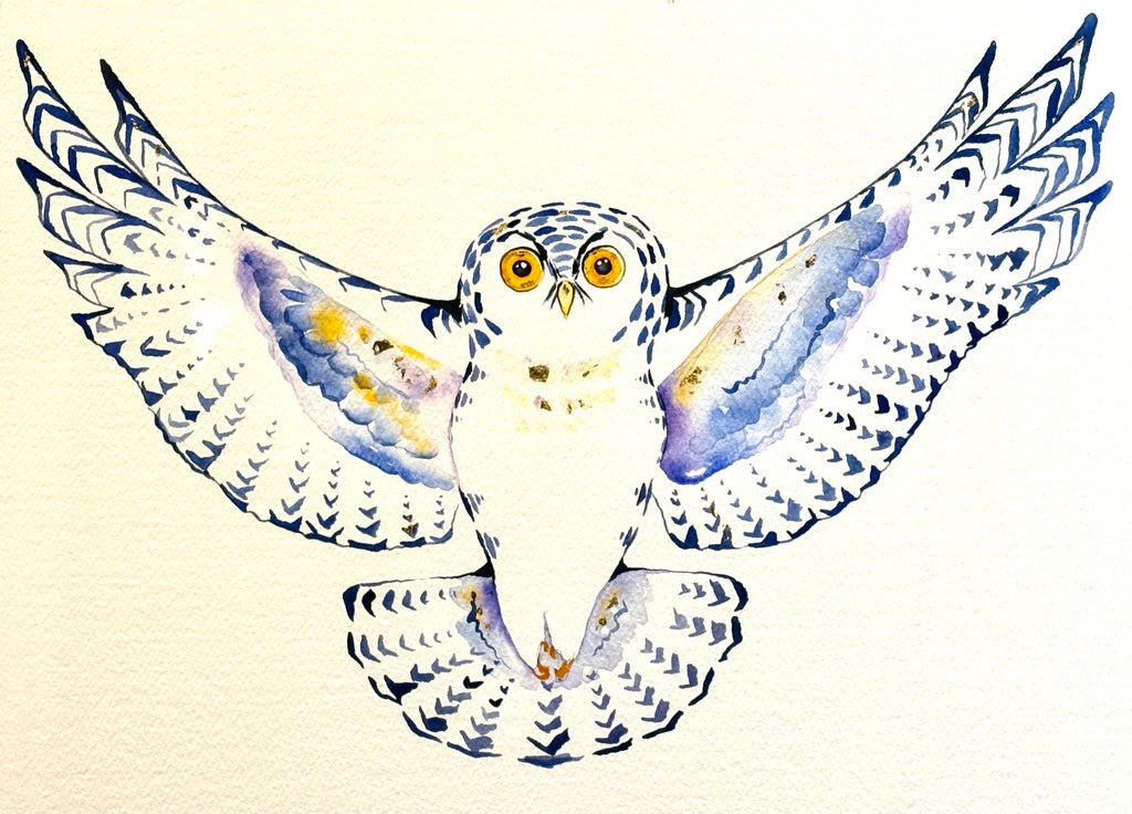 Snowy Owl with 23K gold leaf, framed to approx 17x21, $350