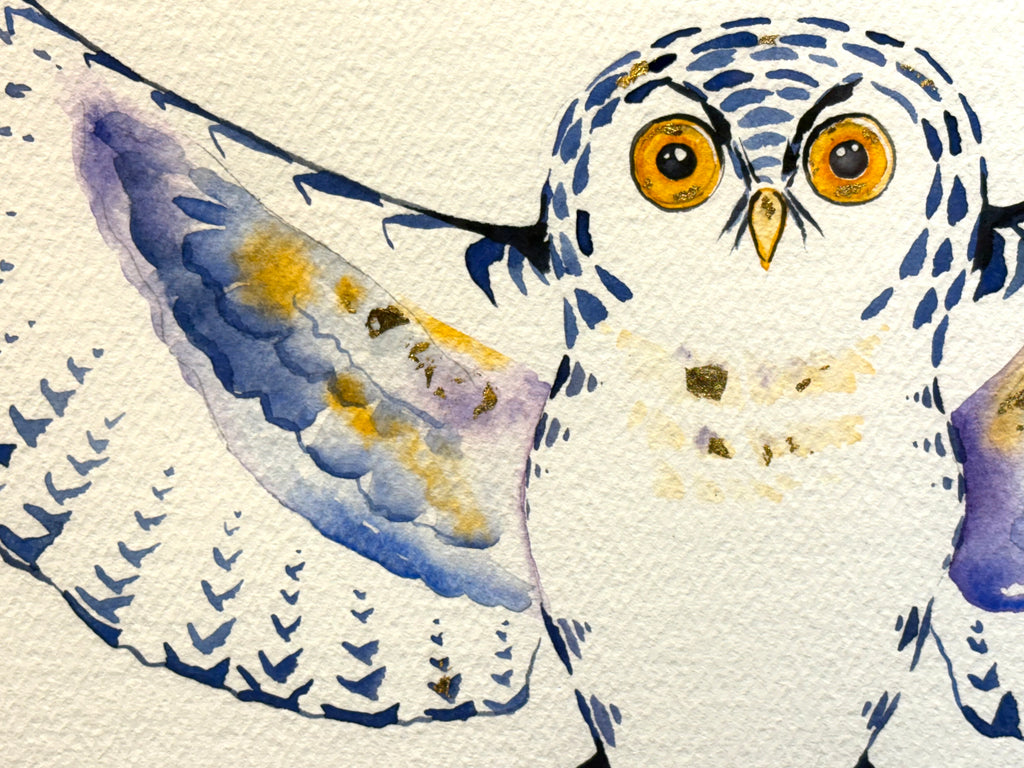 Snowy Owl with 23K gold leaf, framed to approx 17x21, $350