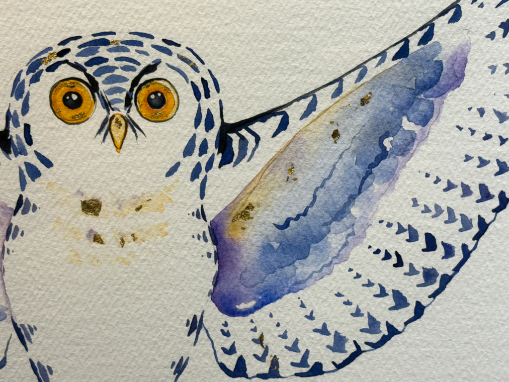 Snowy Owl with 23K gold leaf, framed to approx 17x21, $350