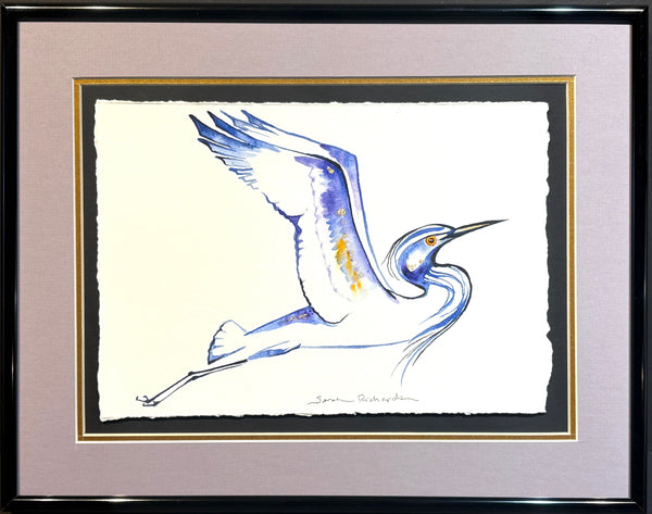 Heron with 23K gold leaf framed to approx 12x15, $225