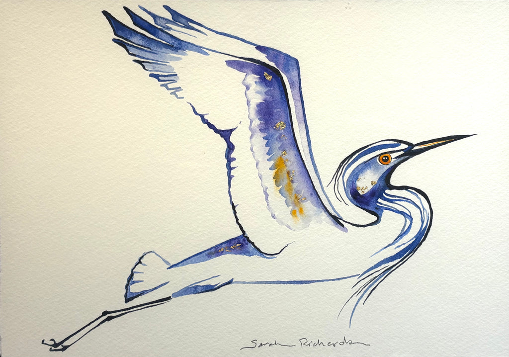 Heron with 23K gold leaf framed to approx 12x15, $225