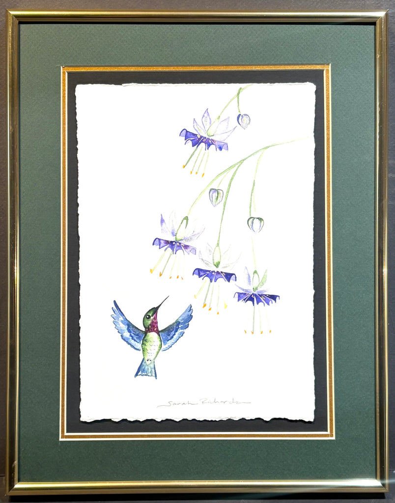 Hummingbird with Fuchsia and 23K gold leaf framed to approx 12x15, $225
