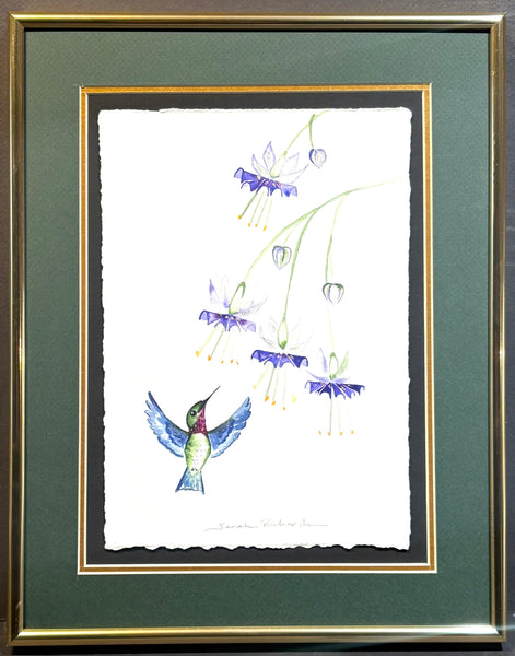 Hummingbird with Fuchsia and 23K gold leaf framed to approx 12x15, $225