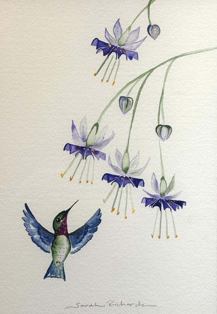 Hummingbird with Fuchsia and 23K gold leaf framed to approx 12x15, $225