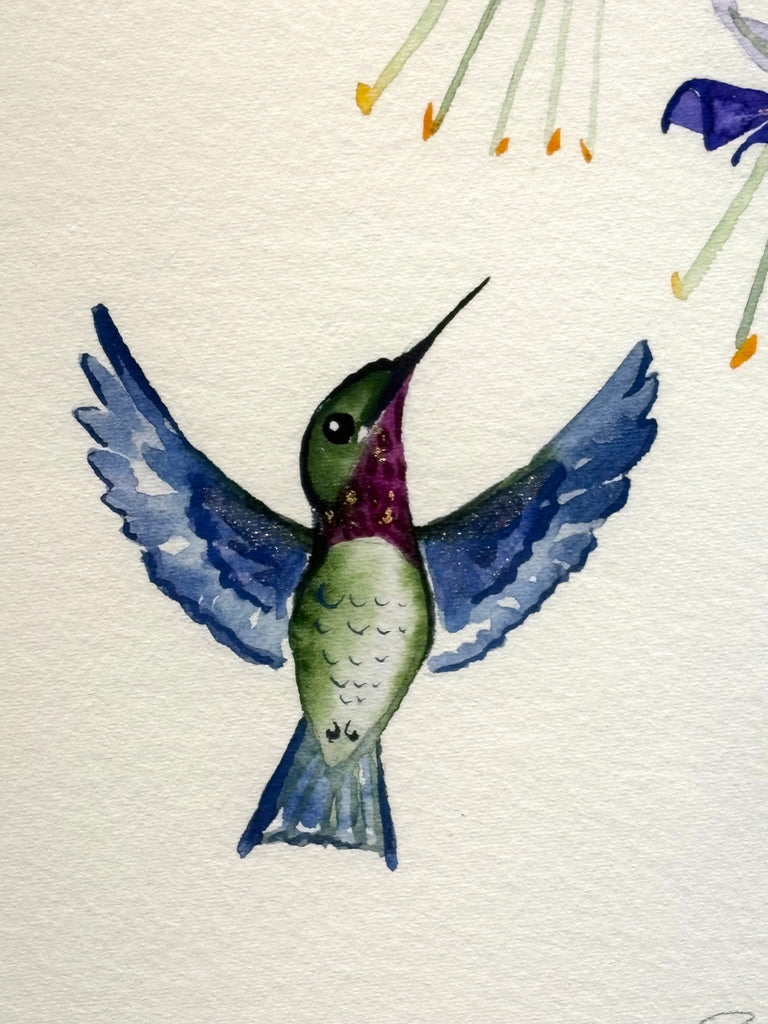 Hummingbird with Fuchsia and 23K gold leaf framed to approx 12x15, $225