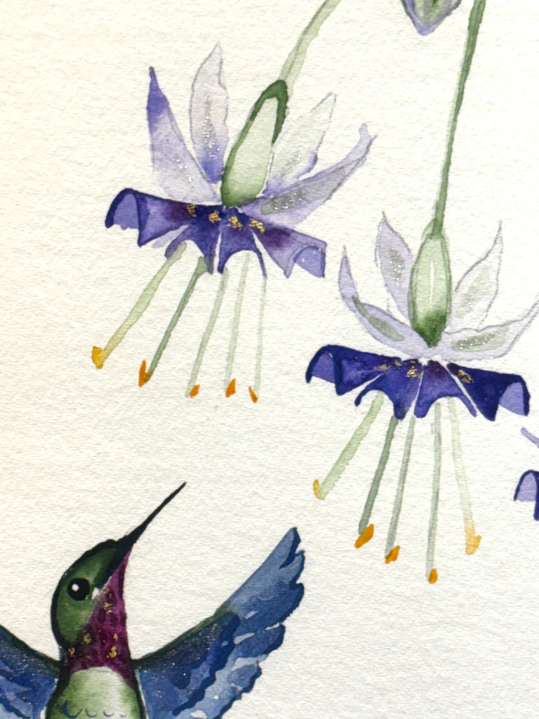 Hummingbird with Fuchsia and 23K gold leaf framed to approx 12x15, $225