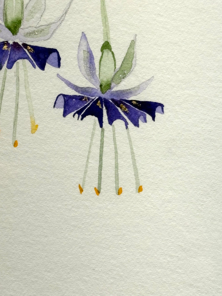 Hummingbird with Fuchsia and 23K gold leaf framed to approx 12x15, $225