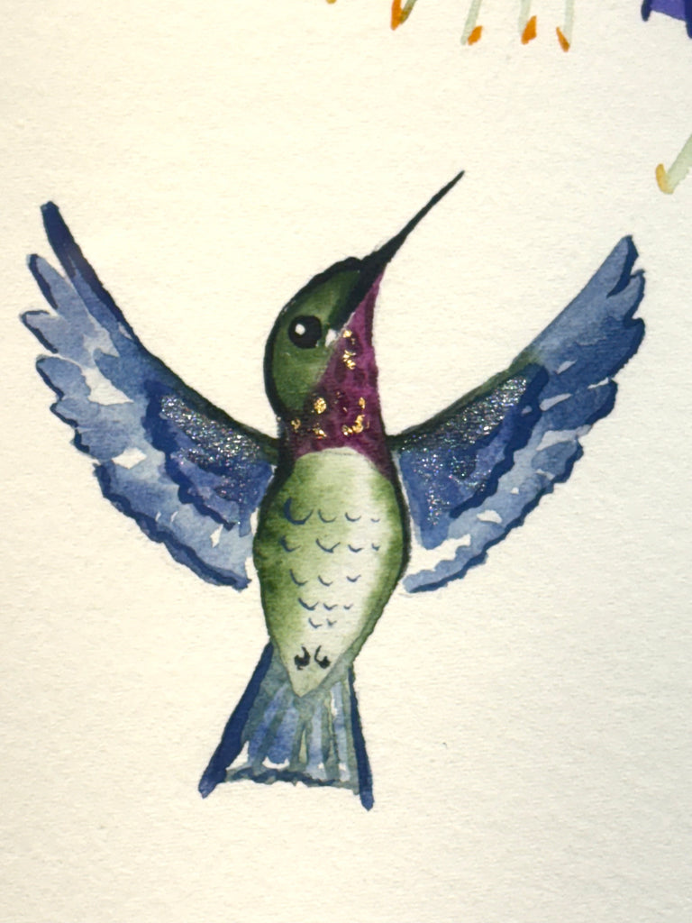Hummingbird with Fuchsia and 23K gold leaf framed to approx 12x15, $225