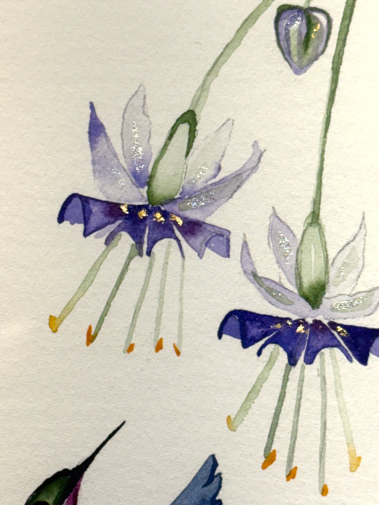 Hummingbird with Fuchsia and 23K gold leaf framed to approx 12x15, $225