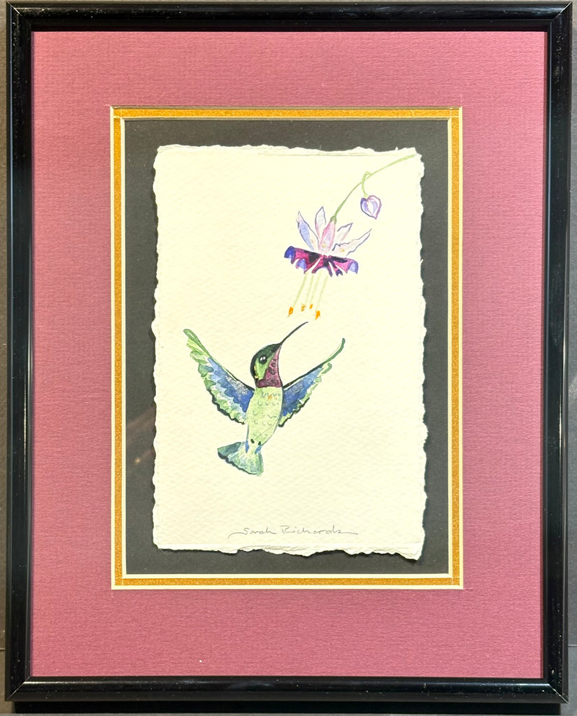 Hummingbird with Fuchsia and 23K gold leaf framed to approx 9x11, $195