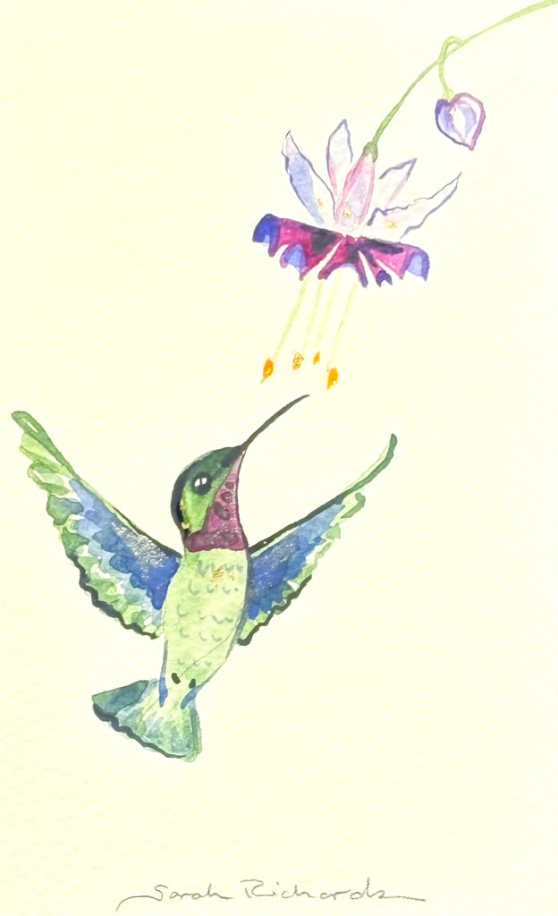 Hummingbird with Fuchsia and 23K gold leaf framed to approx 9x11, $195