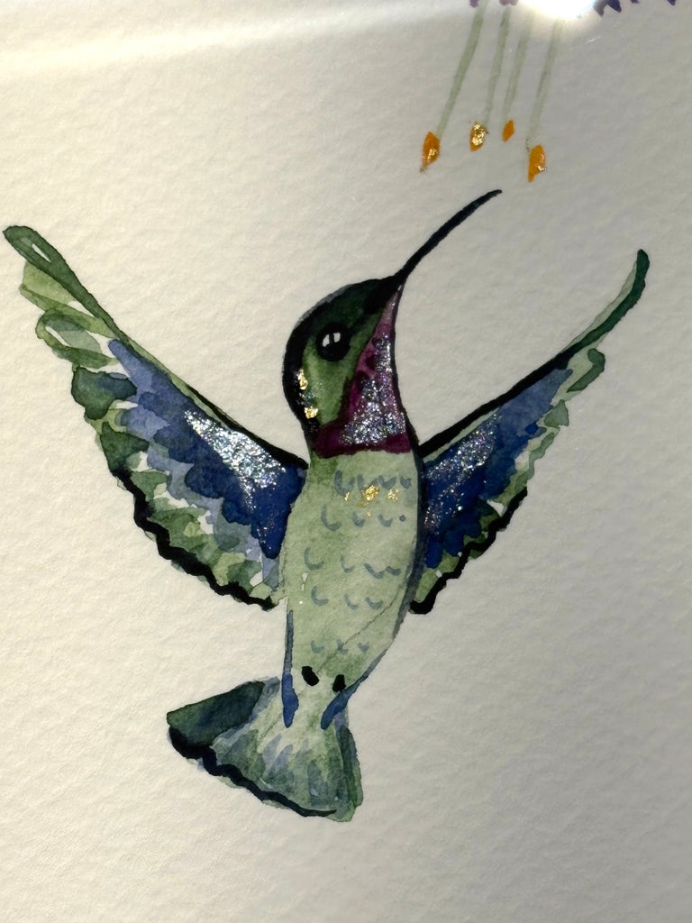 Hummingbird with Fuchsia and 23K gold leaf framed to approx 9x11, $195