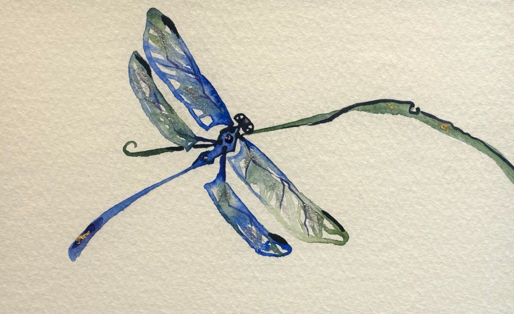 Dragonfly on grass with 23K gold leaf framed to approx 9x11, $195