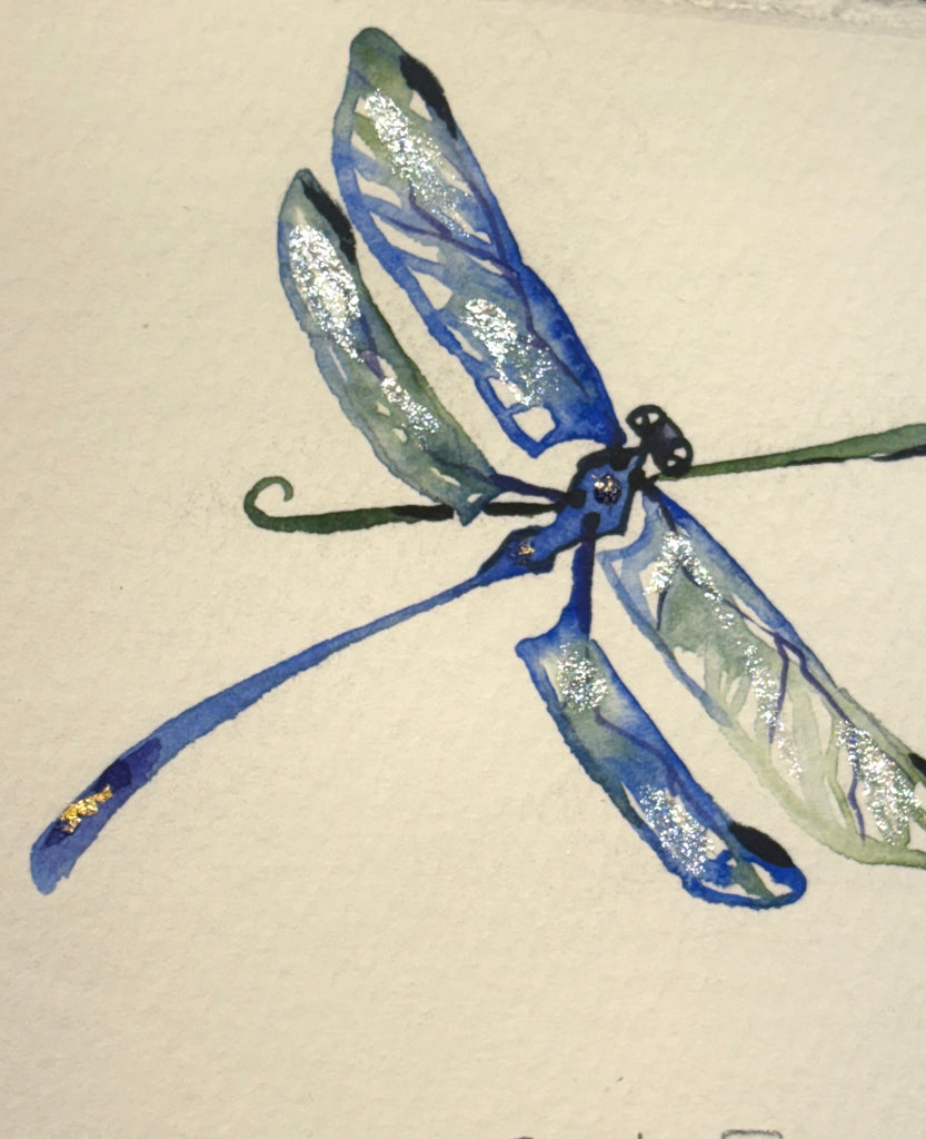 Dragonfly on grass with 23K gold leaf framed to approx 9x11, $195