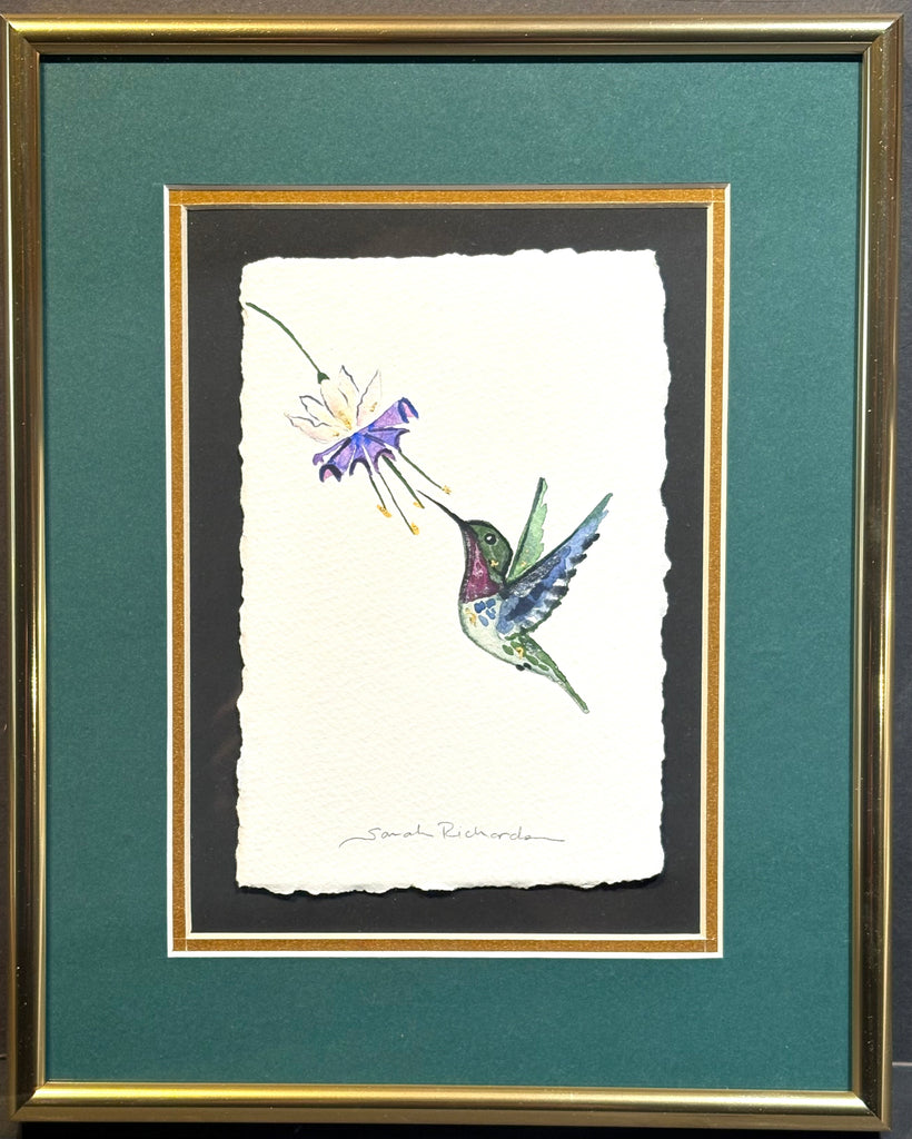 Hummingbird with Fuchsia and 23K gold leaf framed to approx 9x11 $195
