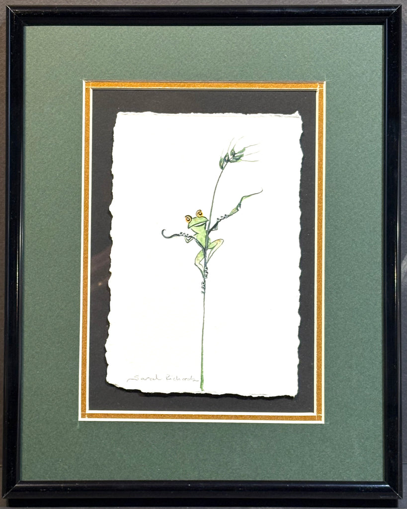 Tiny Frog on grass with 23K gold leaf framed to approx 9x11, $195