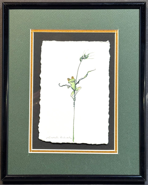 Tiny Frog on grass with 23K gold leaf framed to approx 9x11, $195