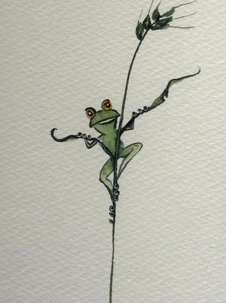 Tiny Frog on grass with 23K gold leaf framed to approx 9x11, $195